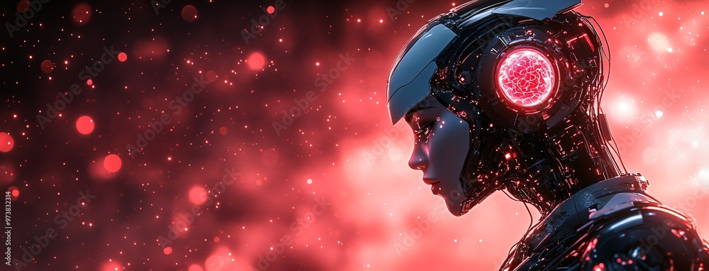 Futuristic Cyborg Woman with Red Lights and Bokeh Background Futuristic Cyborg Woman with Red Lights and Bokeh Background