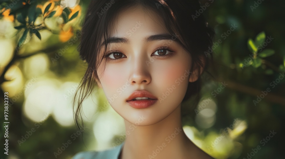 Asian woman with natural beauty, portrayed in a serene and calm environment Asian woman with natural beauty, portrayed in a serene and calm environment