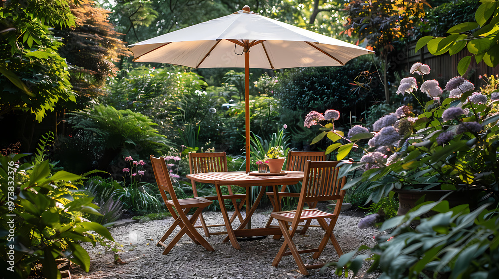 Obraz premium London garden in summer with patio, wooden garden furniture and a parasol or sun umbrella