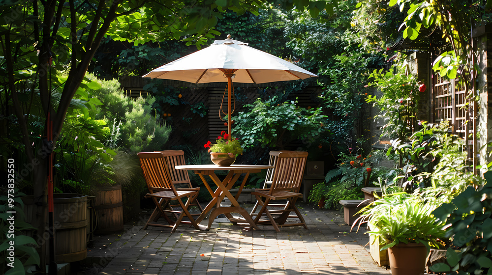 London garden in summer with patio, wooden garden furniture and a parasol or sun umbrella London garden in summer with patio, wooden garden furniture and a parasol or sun umbrella
