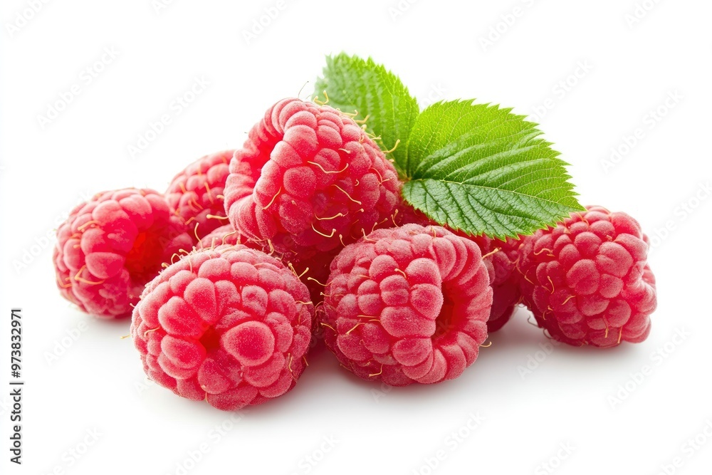 Ripe raspberries with leaf isolated on a white background, ai Ripe raspberries with leaf isolated on a white background, ai