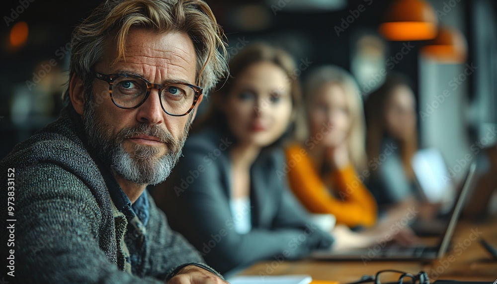 Confident Businessman Looking at Camera with Team in Blurred Background Confident Businessman Looking at Camera with Team in Blurred Background