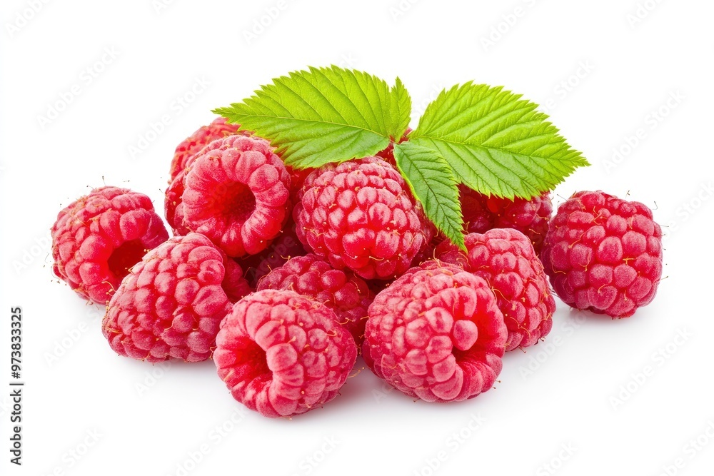 Ripe raspberries with leaf isolated on a white background, ai
