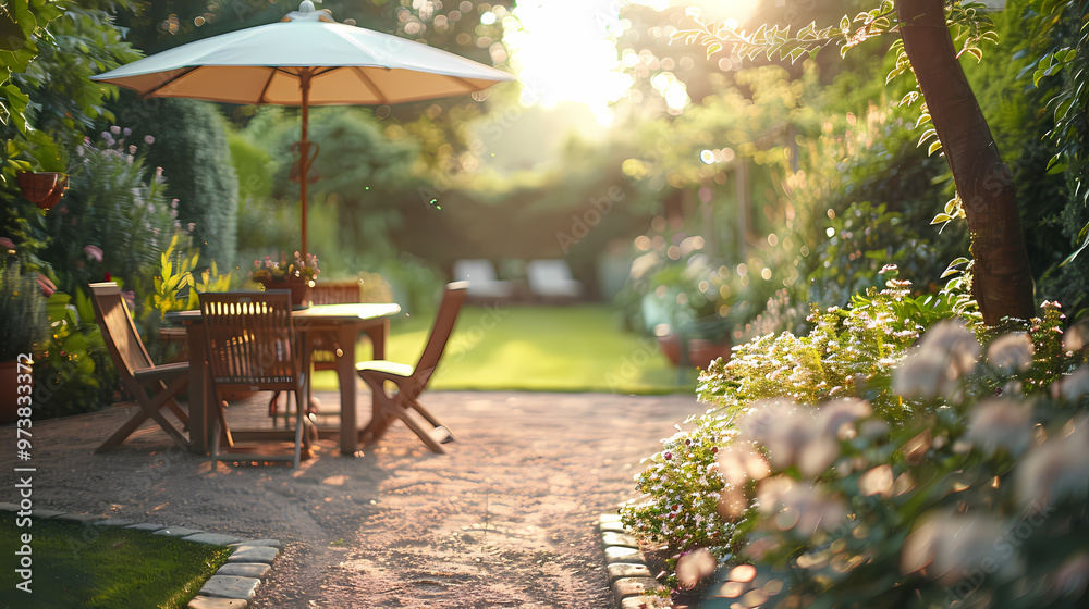 Obraz premium London garden in summer with patio, wooden garden furniture and a parasol or sun umbrella