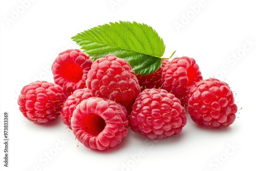 Ripe raspberries with leaf isolated on a white background, ai