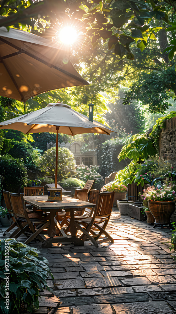 London garden in summer with patio, wooden garden furniture and a parasol or sun umbrella London garden in summer with patio, wooden garden furniture and a parasol or sun umbrella