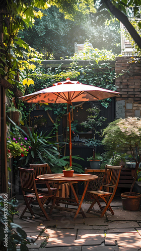 London garden in summer with patio, wooden garden furniture and a parasol or sun umbrella