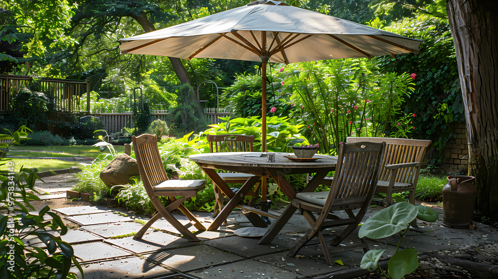 Obraz premium London garden in summer with patio, wooden garden furniture and a parasol or sun umbrella