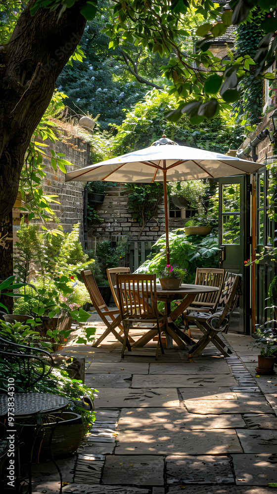 London garden in summer with patio, wooden garden furniture and a parasol or sun umbrella London garden in summer with patio, wooden garden furniture and a parasol or sun umbrella