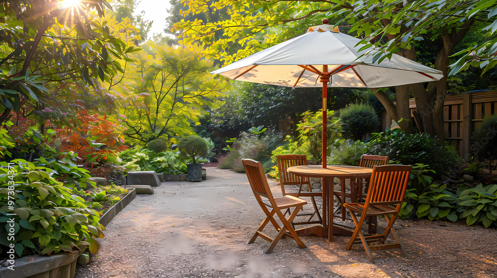 London garden in summer with patio, wooden garden furniture and a parasol or sun umbrella London garden in summer with patio, wooden garden furniture and a parasol or sun umbrella