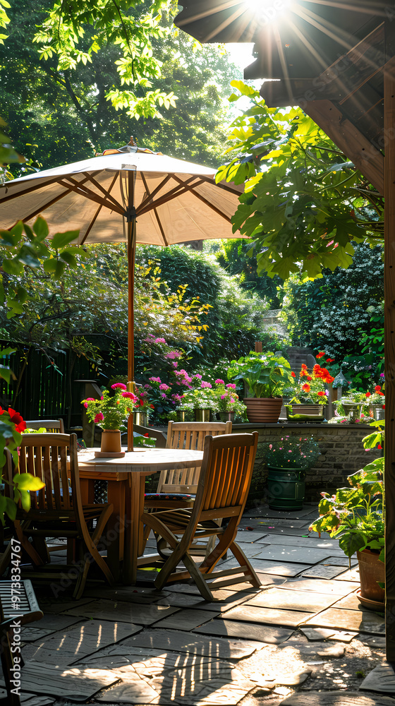 Fototapeta premium London garden in summer with patio, wooden garden furniture and a parasol or sun umbrella