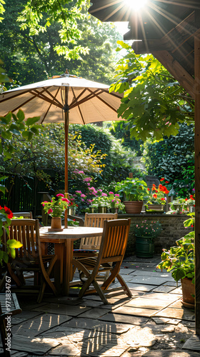 London garden in summer with patio, wooden garden furniture and a parasol or sun umbrella