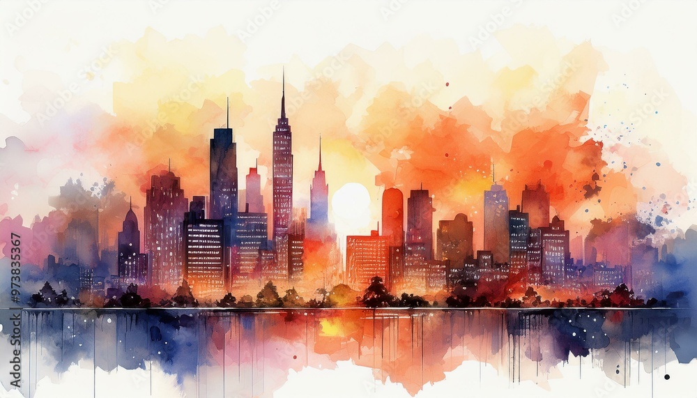 A watercolor painting of a city skyline at sunset, featuring vibrant colors and reflections, capturing an urban landscape's essence. A watercolor painting of a city skyline at sunset, featuring vibrant colors and reflections, capturing an urban landscape's essence.