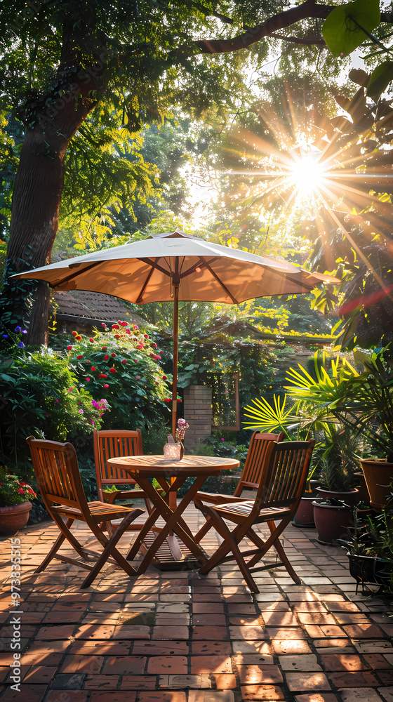 Fototapeta premium London garden in summer with patio, wooden garden furniture and a parasol or sun umbrella