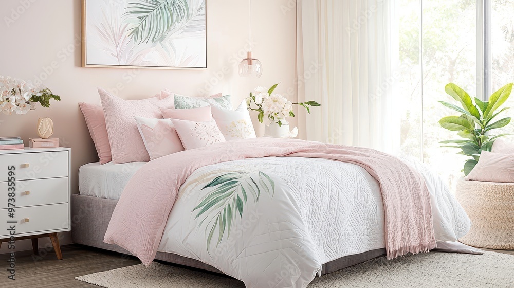 Fototapeta premium Modern Bedroom Interior Design with Pink Bedding and Green Plants