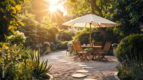 London garden in summer with patio, wooden garden furniture and a parasol or sun umbrella