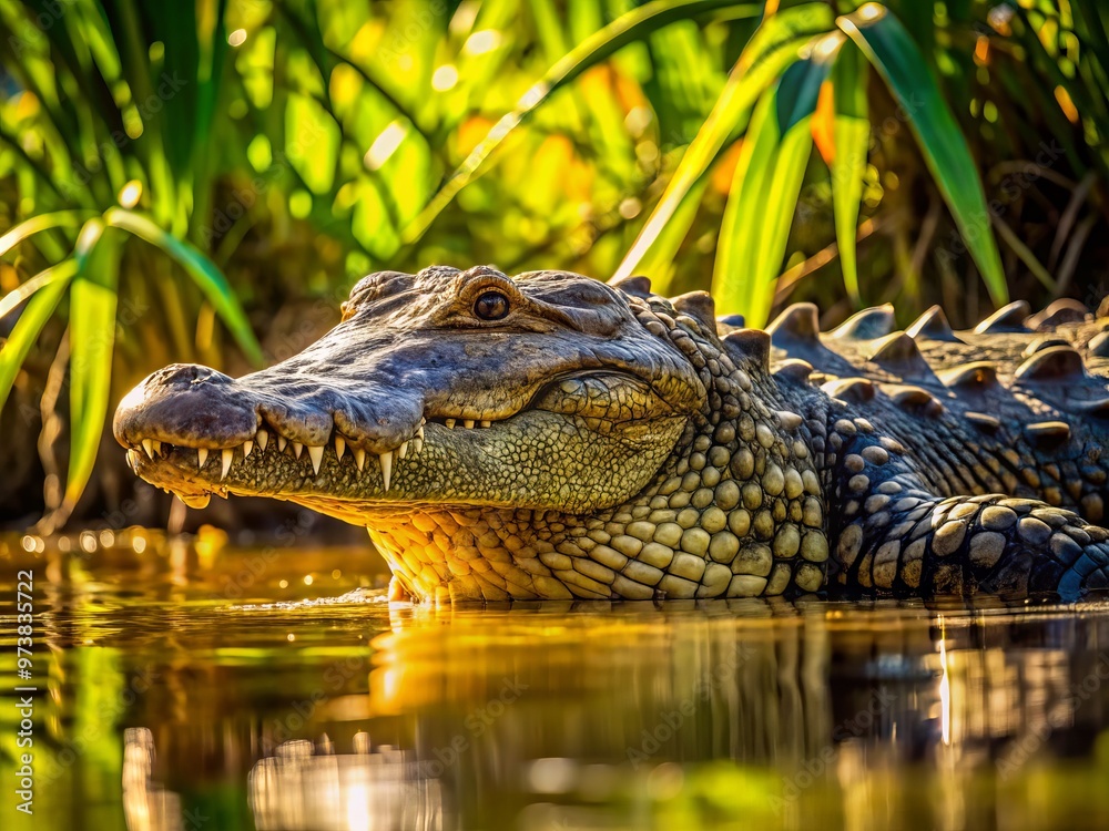 Obraz premium A massive marsh crocodile, its scaly body partially submerged in murky waters, basks in the warm sunlight filtering