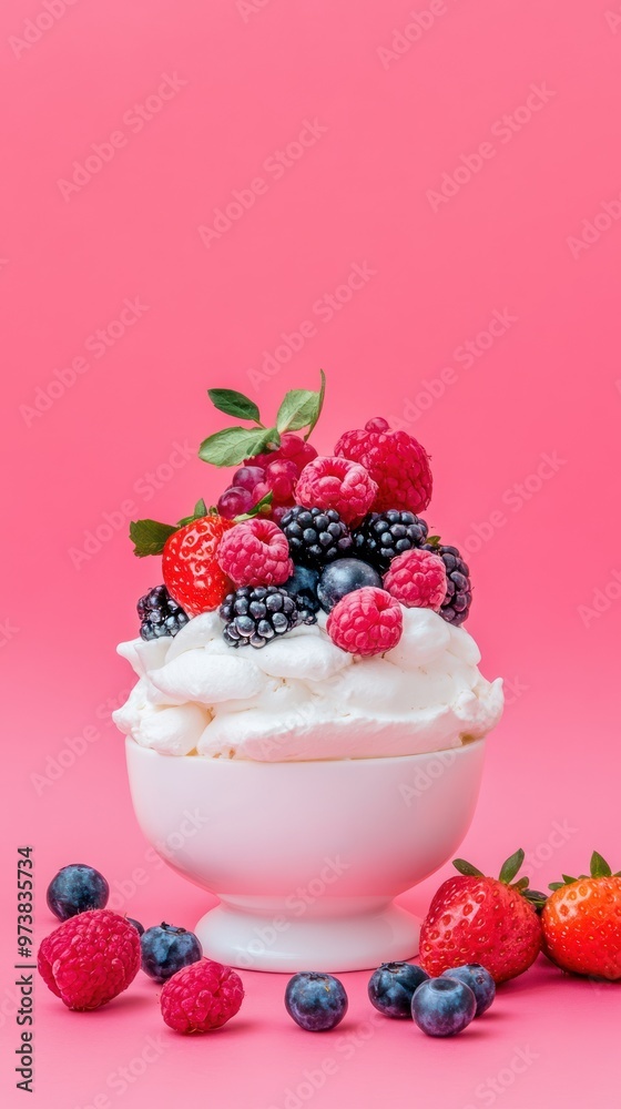 A white bowl filled with whipped cream and a variety of berries, including strawberries, blueberries, raspberries, and blackberries, sits on a pink background with scattered berries around it. A white bowl filled with whipped cream and a variety of berries, including strawberries, blueberries, raspberries, and blackberries, sits on a pink background with scattered berries around it.