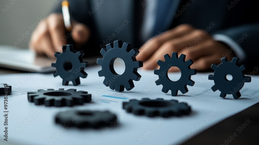 Close-up of cogwheels on a desk with a businessman working in the background, symbolizing business efficiency. Close-up of cogwheels on a desk with a businessman working in the background, symbolizing business efficiency.