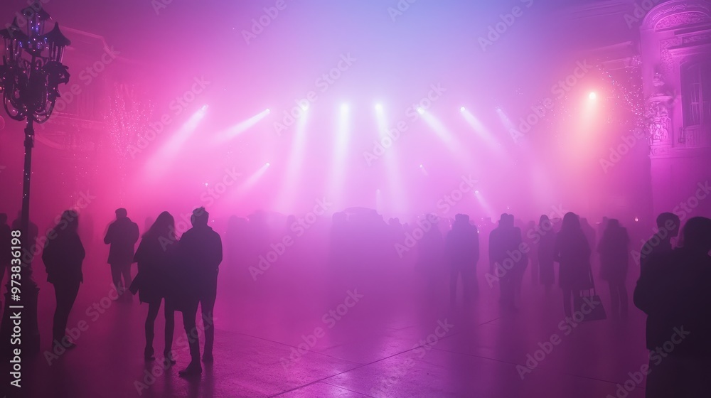 Naklejka premium Silhouettes of People in Pink and Purple Fog with Stage Lights