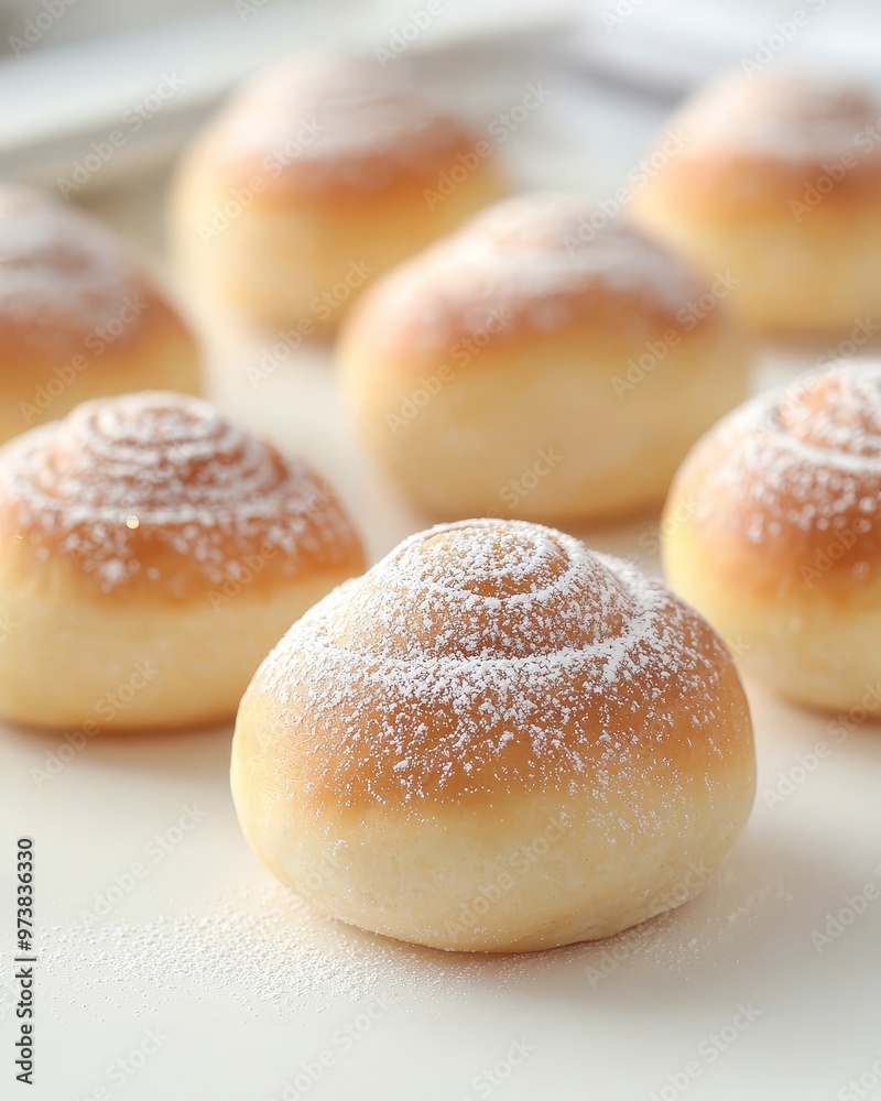 Close-up of freshly baked, sweet, and fluffy rolls dusted with powdered sugar. Close-up of freshly baked, sweet, and fluffy rolls dusted with powdered sugar.