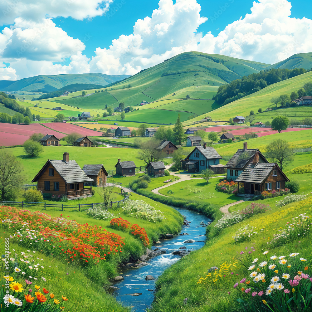 Scenic countryside village with a river and rolling hills under a blue sky