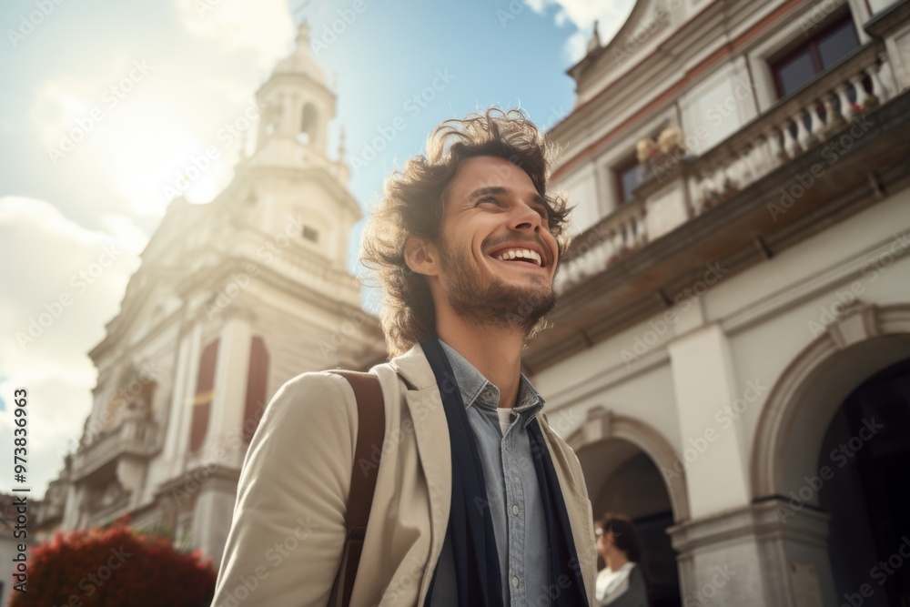 Naklejka premium A man with a bright smile strolls in front of a magnificent historic building, basking in the golden afternoon sun and enjoying the cityscape.