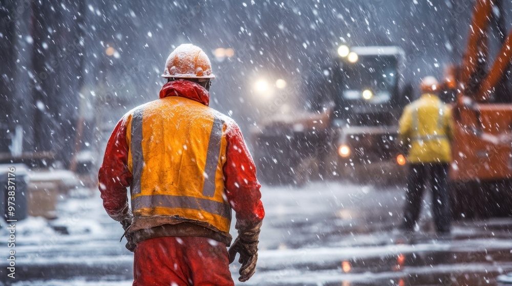 Construction workers facing extreme weather conditions, demonstrating resilience and determination Construction workers facing extreme weather conditions, demonstrating resilience and determination