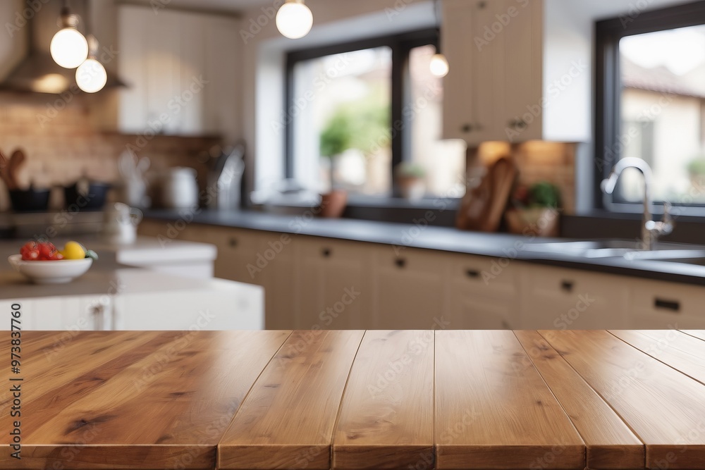 a blurred cozy kitchen interior with a kitchen table neatly arranged with utensils, surrounded by shelves and cabinets in the background a blurred cozy kitchen interior with a kitchen table neatly arranged with utensils, surrounded by shelves and cabinets in the background