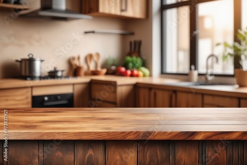 a cozy kitchen interior with a kitchen table neatly arranged with utensils, surrounded by shelves and cabinets in the background