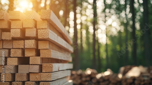 Stacked wooden planks in a forest setting, with a blurred background of trees and sunlight. photo