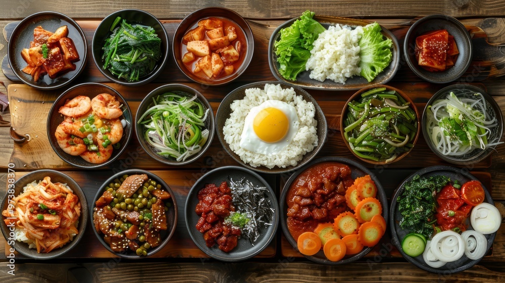 Korean foods served on a dining table. Perfect for photo illustration, article, or any cooking contents. 