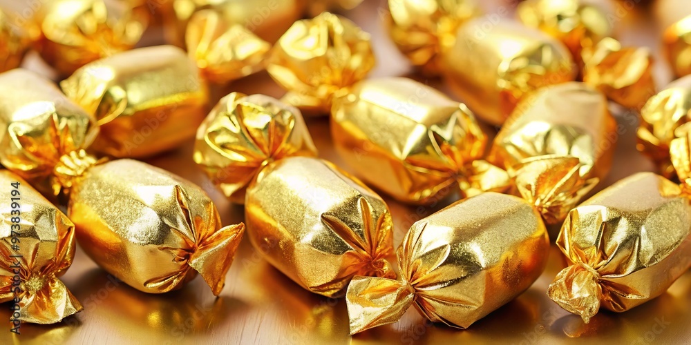 Golden candies wrapped in shiny paper, a sweet indulgence or festive decoration. Golden candies wrapped in shiny paper, a sweet indulgence or festive decoration.