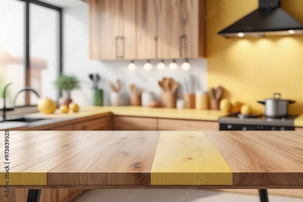 Modern kitchen interior featuring stylish furniture and a sleek design with yellow wooden elements and glass accents in a light-filled room Modern kitchen interior featuring stylish furniture and a sleek design with yellow wooden elements and glass accents in a light-filled room