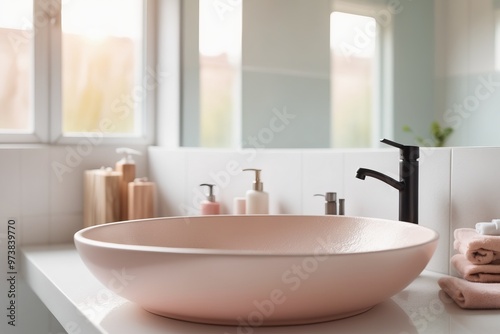 Modern sink and faucet in a stylish bathroom with contemporary design elements and clean lines, featuring a mirror, cabinets, and luxury touches for a sophisticated home atmosphere