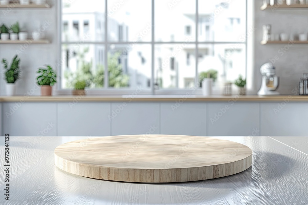 Empty beautiful round wood tabletop counter on interior in clean and bright kitchen background, Ready for display, Banner, for product montage , ai Empty beautiful round wood tabletop counter on interior in clean and bright kitchen background, Ready for display, Banner, for product montage , ai