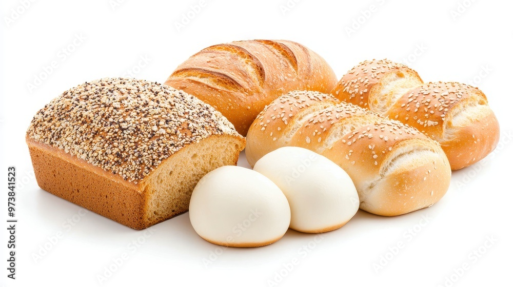 Freshly Baked Bread Assortment with White Bread Sesame Seed Rolls and Loaf Freshly Baked Bread Assortment with White Bread Sesame Seed Rolls and Loaf