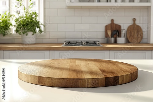 Empty beautiful round wood tabletop counter on interior in clean and bright kitchen background, Ready for display, Banner, for product montage , ai