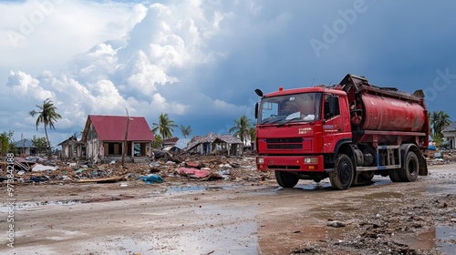 Emergency fuel delivery truck operating in disaster-stricken areas, providing essential supplies