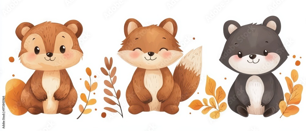 Fototapeta premium Cute Watercolor Animals, Squirrel, Fox, and Bear with Autumn Leaves