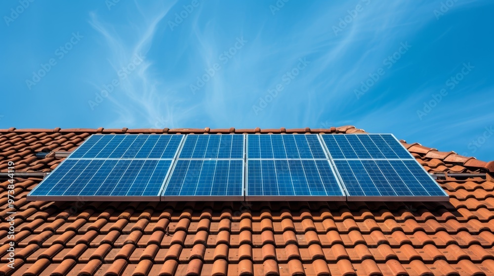 Residential Solar Panels on Pitched Roof Under Clear Blue Sky Residential Solar Panels on Pitched Roof Under Clear Blue Sky