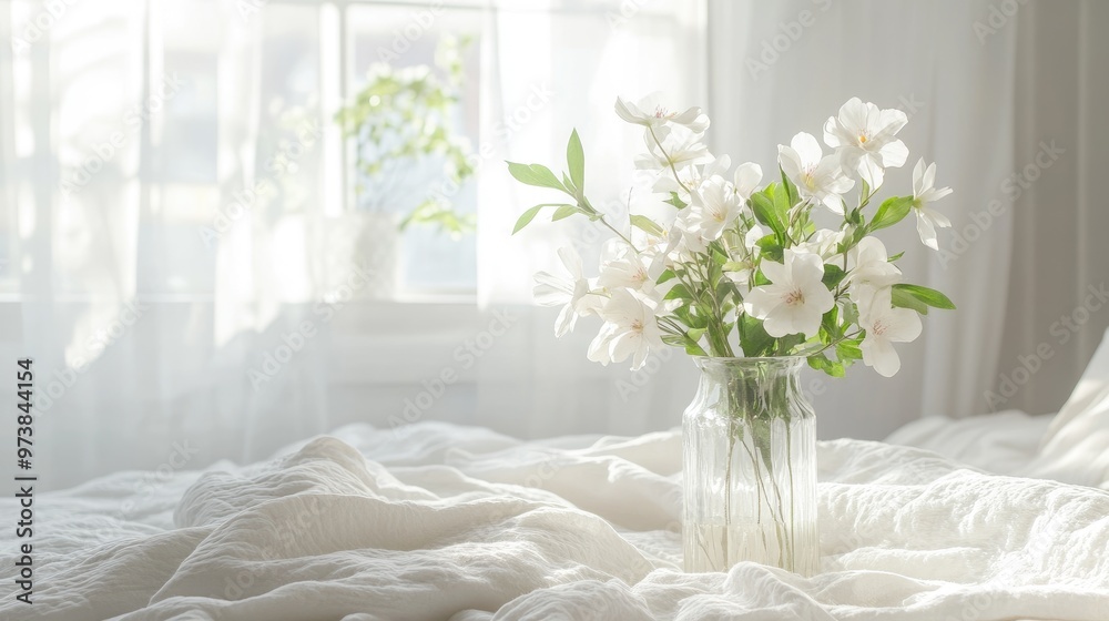 A bright and airy bedroom with white flowers in a vase, ideal for product photography. A bright and airy bedroom with white flowers in a vase, ideal for product photography.