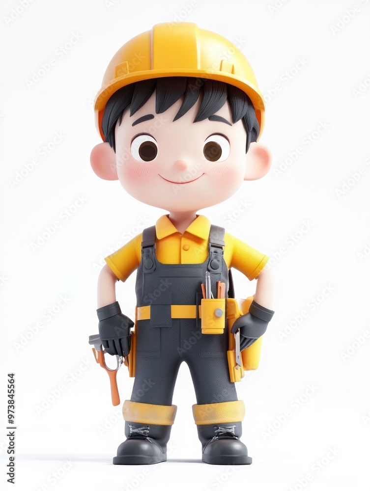A cheerful cartoon boy in a construction outfit with tools, ready for work. A cheerful cartoon boy in a construction outfit with tools, ready for work.