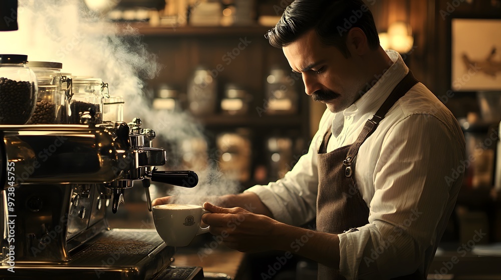 A skilled barista with a neat mustache is expertly brewing coffee using a shiny espresso machine A skilled barista with a neat mustache is expertly brewing coffee using a shiny espresso machine