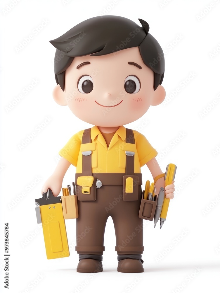 A cheerful cartoon character dressed as a handyman, holding tools and smiling. A cheerful cartoon character dressed as a handyman, holding tools and smiling.