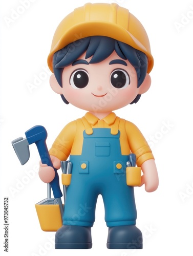 A cheerful cartoon character in work attire holding tools, representing construction and teamwork.