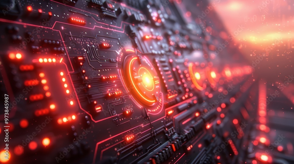 Futuristic Digital Circuit Board with Glowing Red Lights and High-Tech Elements Futuristic Digital Circuit Board with Glowing Red Lights and High-Tech Elements
