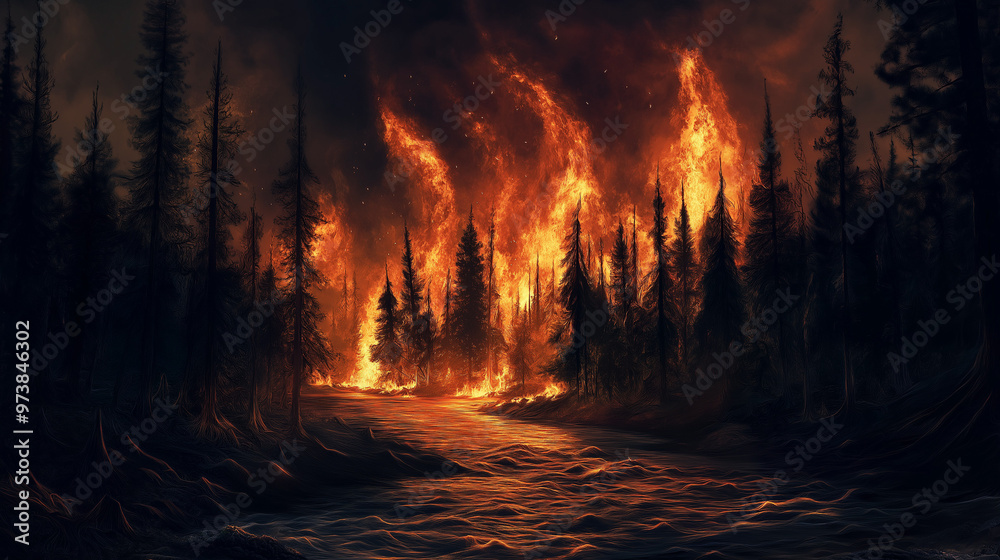 Dramatic Nighttime Forest Fire Raging Through Trees, Intense Flames Reflecting on Water in Wildfire Scene