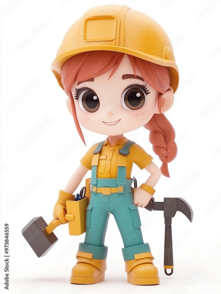 A cheerful cartoon character in a construction outfit, ready for work with tools in hand. A cheerful cartoon character in a construction outfit, ready for work with tools in hand.