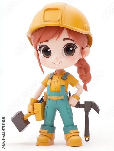 A cheerful cartoon character in a construction outfit, ready for work with tools in hand.